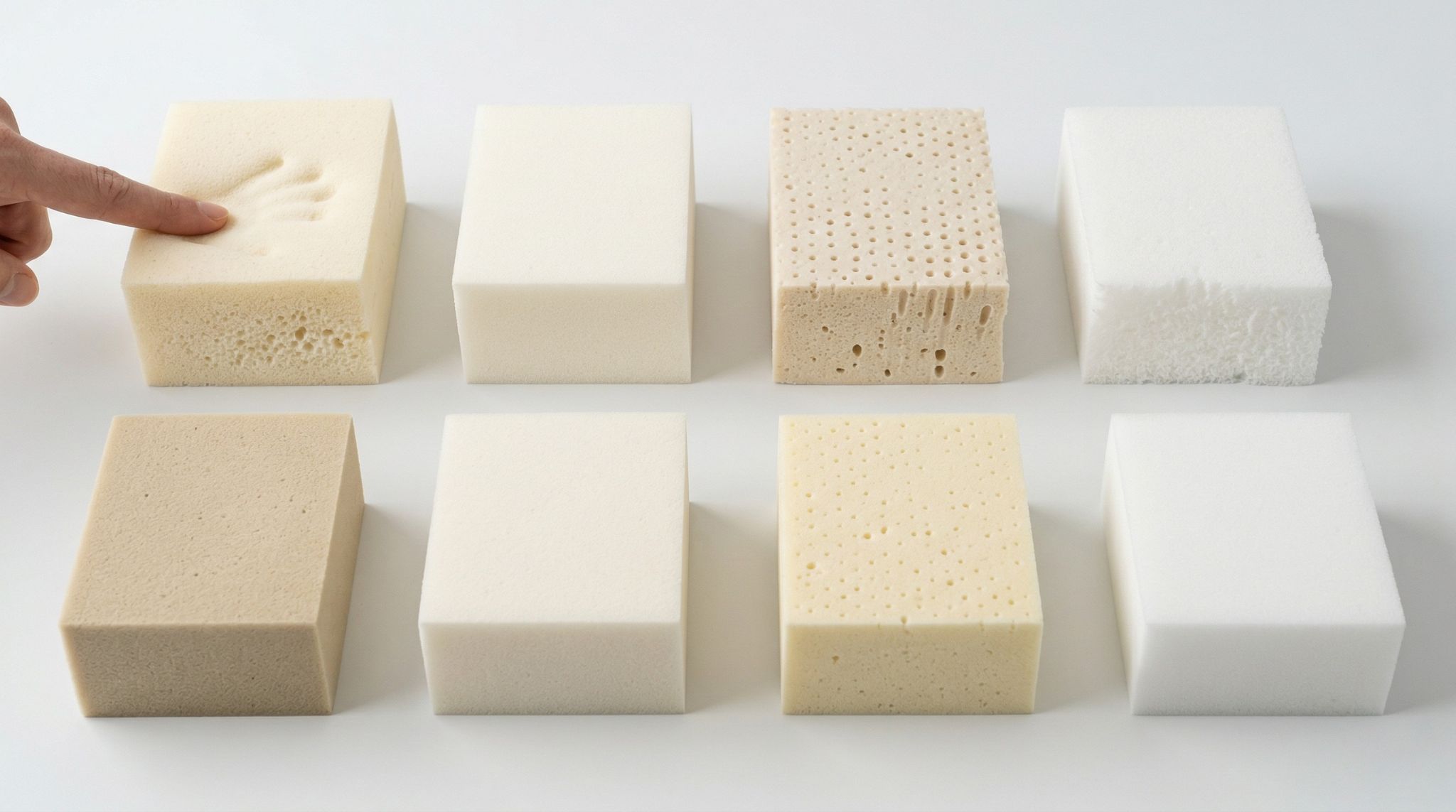 tipos de espuma para colchão — amostras de espuma de diferentes densidades e tecnologias